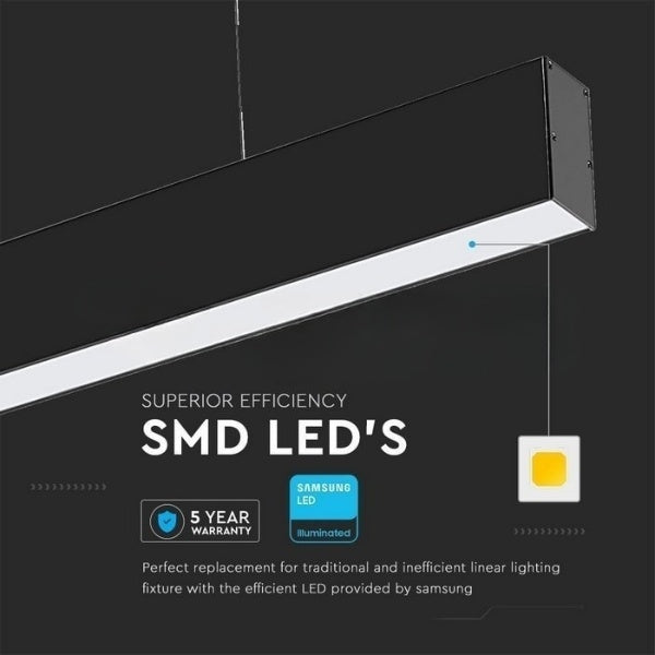 V-TAC 40W LED Linear Hanging Light with Samsung Chip - 3-in-1 Colour Temperature - Black Body - Florescent Batten Replacement