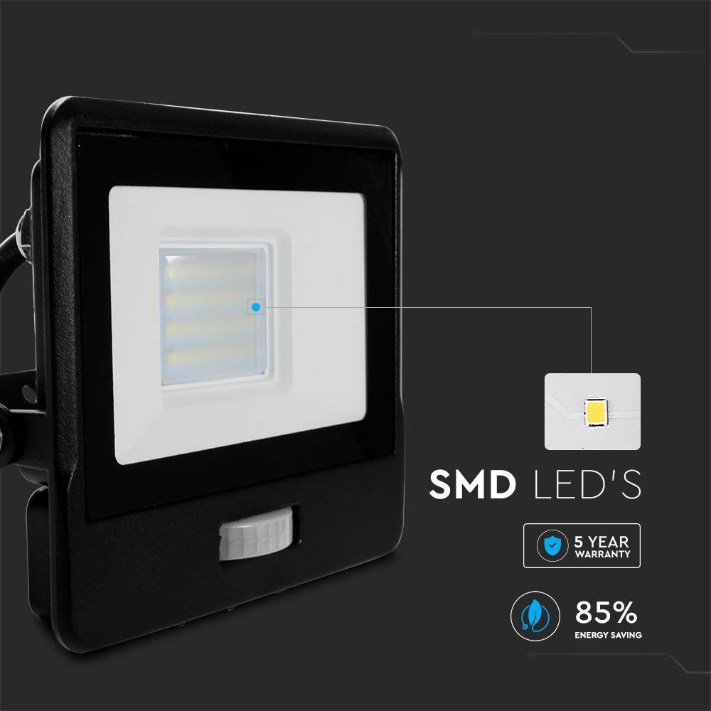 V-TAC VT-158S-1 PIR Motion Sensor Floodlight – IP65 Waterproof Outdoor LED with Samsung Chip - 1m Flex, Multi Wattage & Colour Option, Black Body