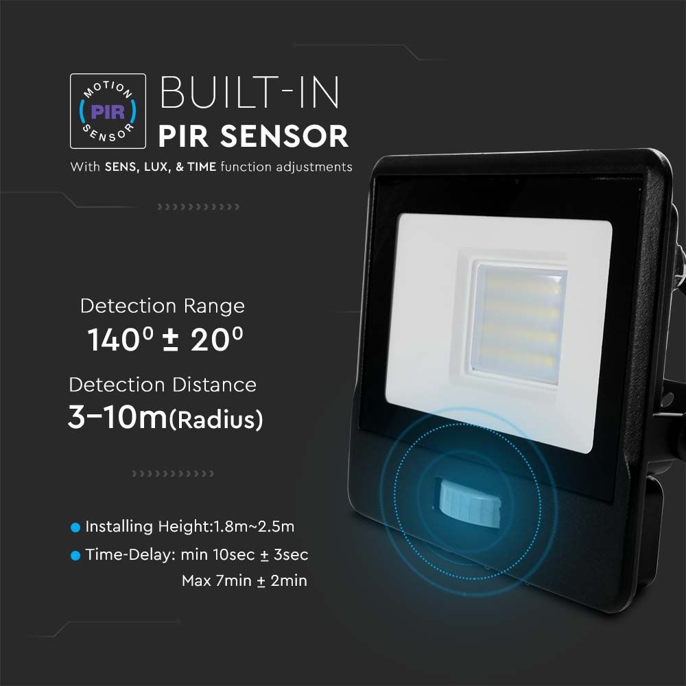 V-TAC VT-158S-1 PIR Motion Sensor Floodlight – IP65 Waterproof Outdoor LED with Samsung Chip - 1m Flex, Multi Wattage & Colour Option, Black Body