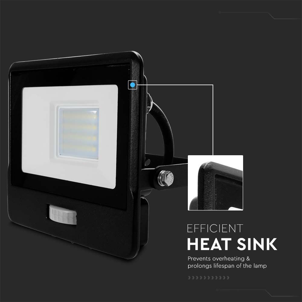 V-TAC VT-158S-1 PIR Motion Sensor Floodlight – IP65 Waterproof Outdoor LED with Samsung Chip - 1m Flex, Multi Wattage & Colour Option, Black Body