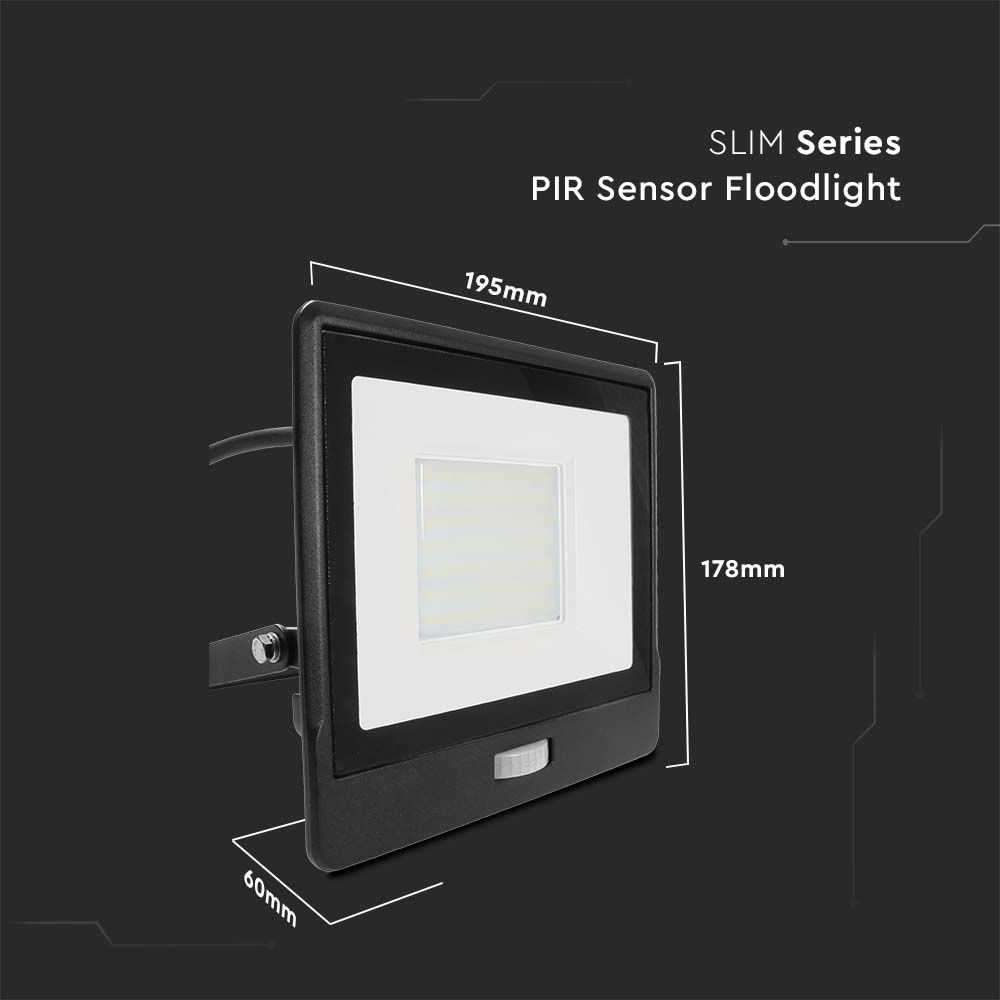 V-TAC VT-158S-1 PIR Motion Sensor Floodlight – IP65 Waterproof Outdoor LED with Samsung Chip - 1m Flex, Multi Wattage & Colour Option, Black Body