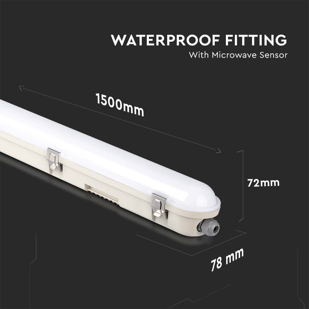 V-TAC VT-150148S LED 48W Waterproof IP65 Lamp Fitting Batten - 6400K , 5ft, Microwave Sensor, Milky Cover