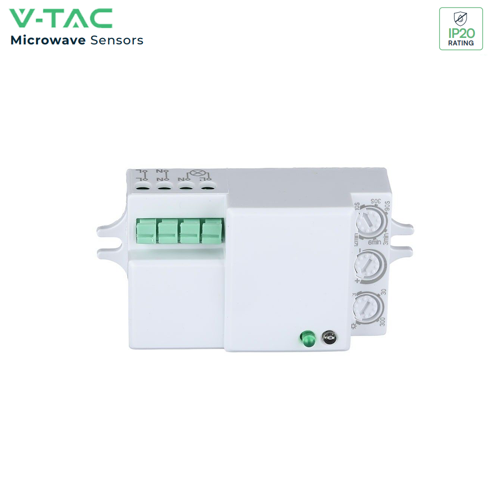 V-TAC VT-8018 PIR Infrared Microwave Motion Sensor Detector Auto Switch, 300W LED Load, IP20 Adjustable Indoor, Reliable Lighting Control