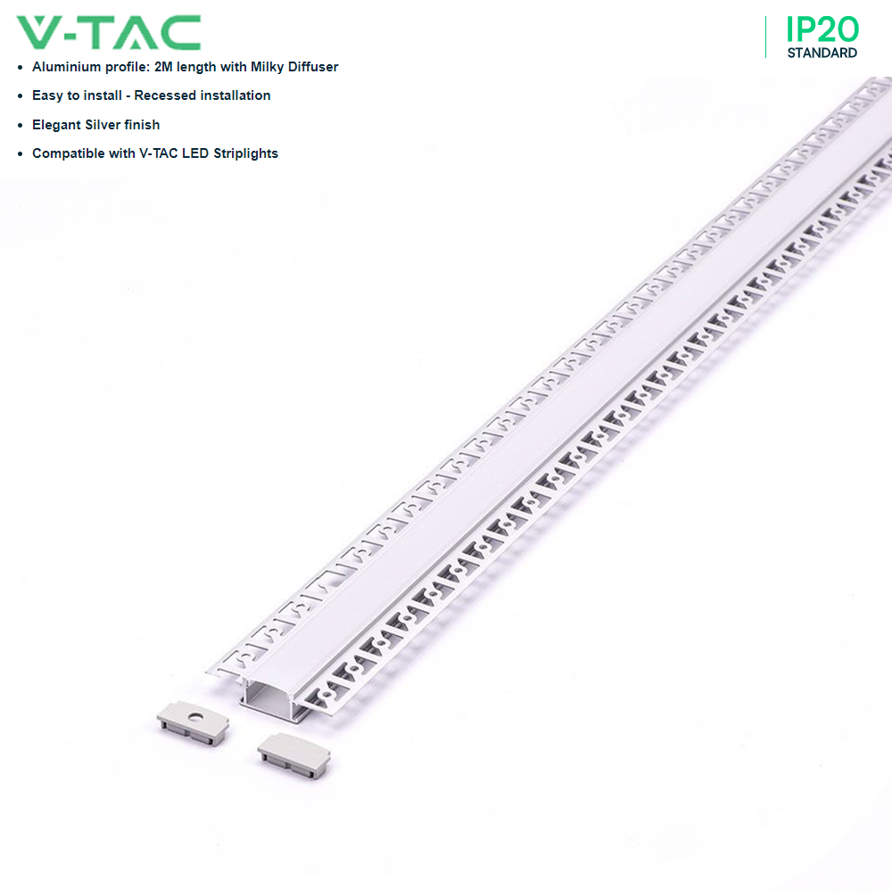 V-TAC VT-8101 2M Recessed LED Strip Tape Mounting Profile Silver Aluminum Housing Kit For Plaster Board with Diffuser- 20.7mm Inner Width