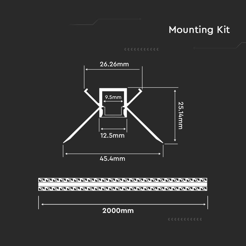 V-TAC VT-8104 2M Recessed LED Strip Tape Corner Mounting Profile Silver Aluminum Housing Kit for Plaster Board with Diffuser - 9.5mm Inner Width Indoor Lighting Accessory