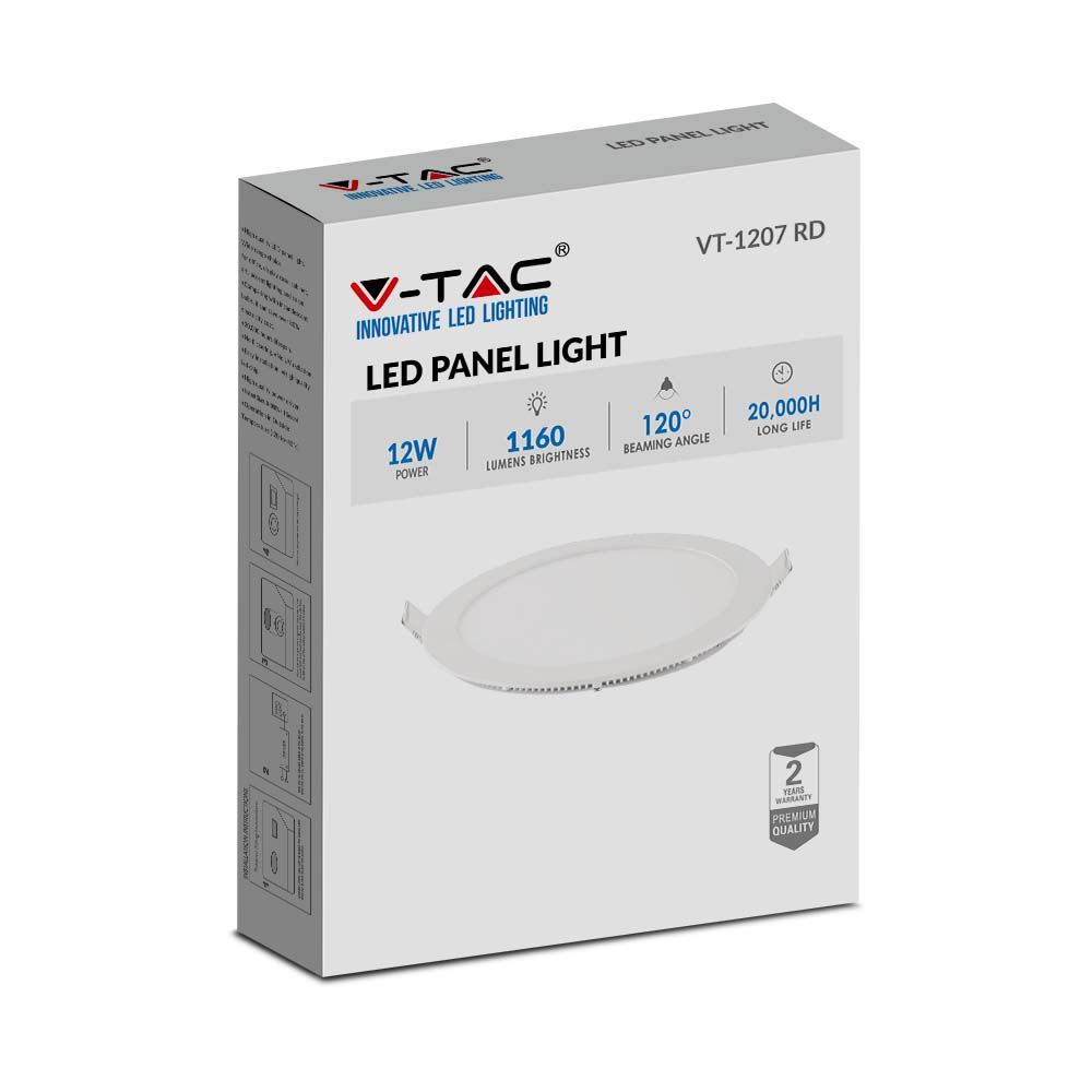 V-TAC VT-1207 12W PREMIUM Round Recessed LED Panel Ceiling Down Light 6400K Cool White Indoor Lighting