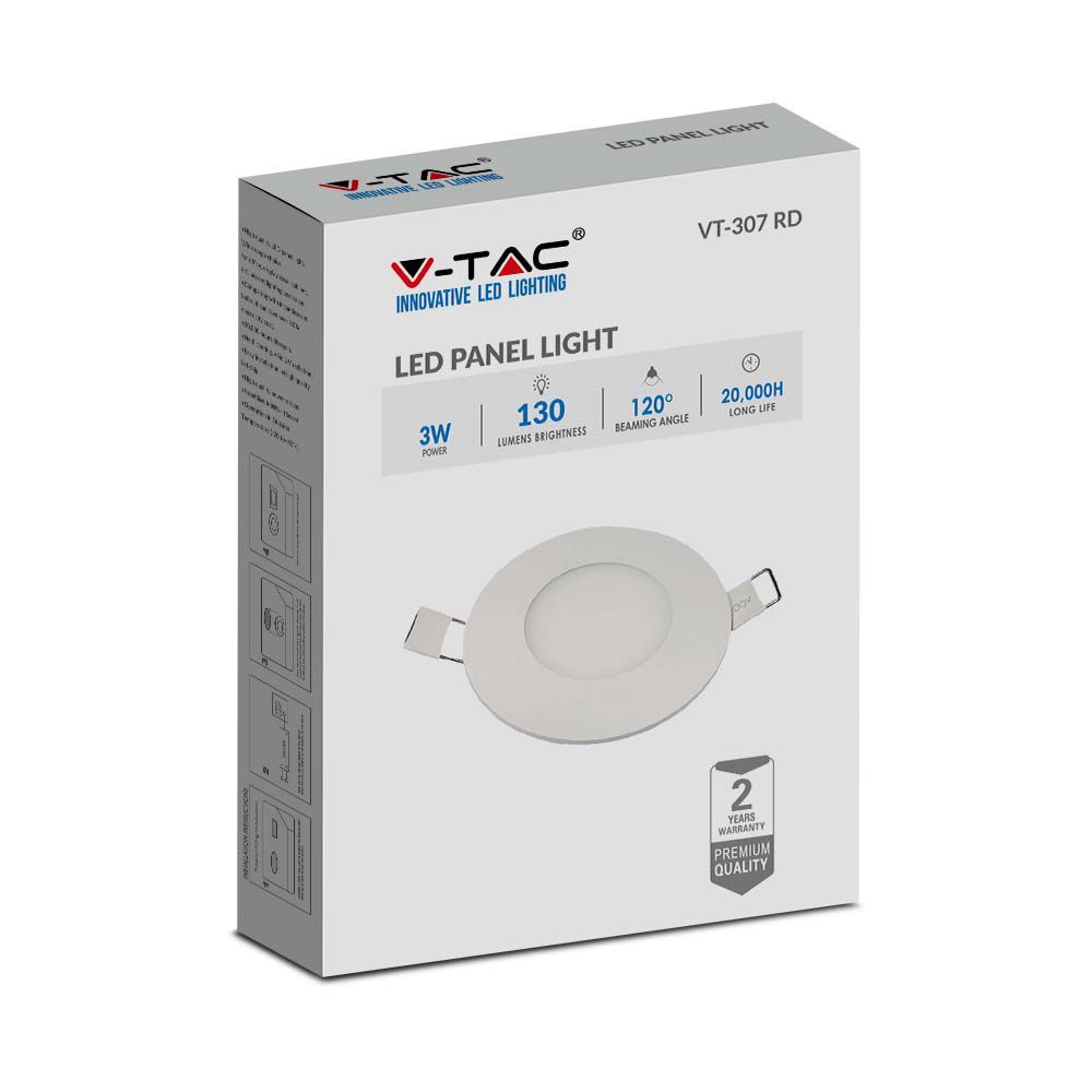 V-TAC VT-307 3W Round Recessed LED Ceiling Panel Light with EMC Driver 6400K Cool White Indoor Lighting