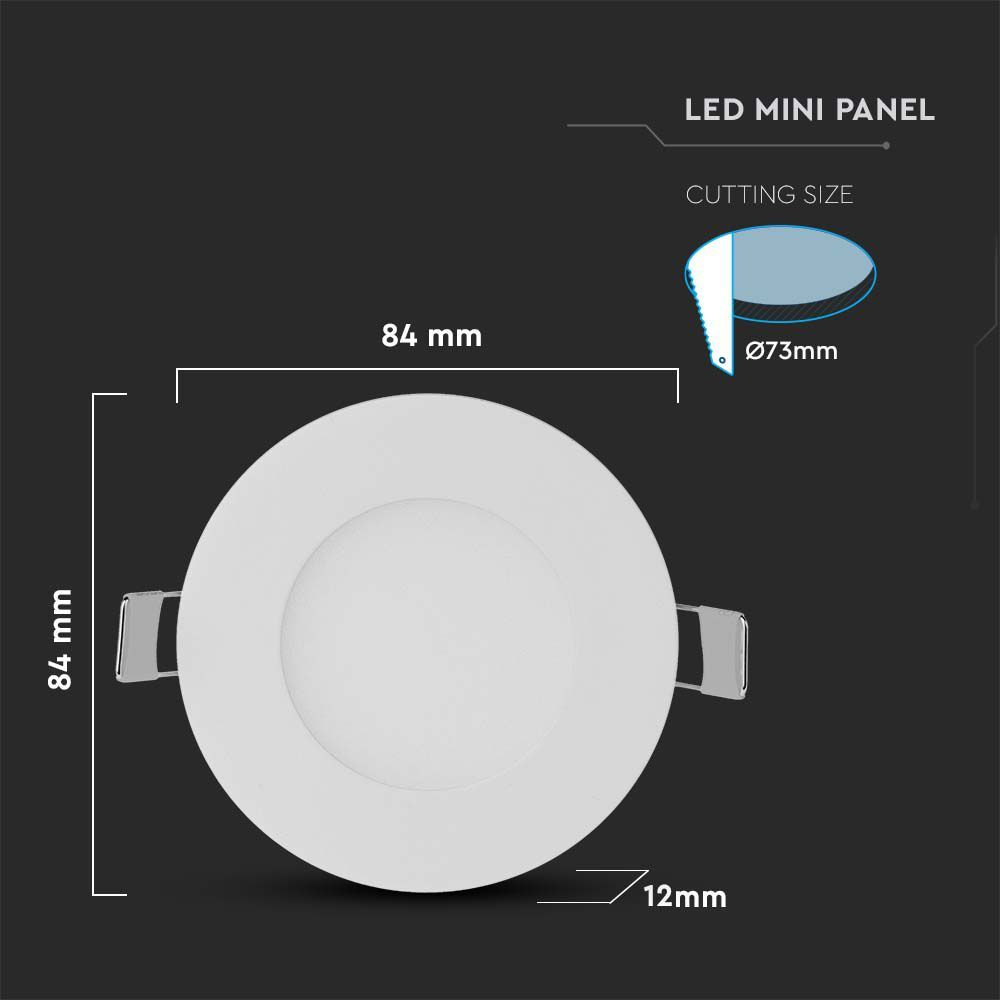 V-TAC VT-307 3W Round Recessed LED Ceiling Panel Light with EMC Driver 6400K Cool White Indoor Lighting