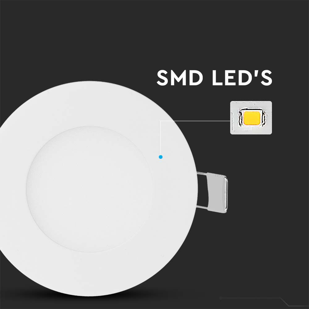 V-TAC VT-307 3W Round Recessed LED Ceiling Panel Light with EMC Driver 6400K Cool White Indoor Lighting