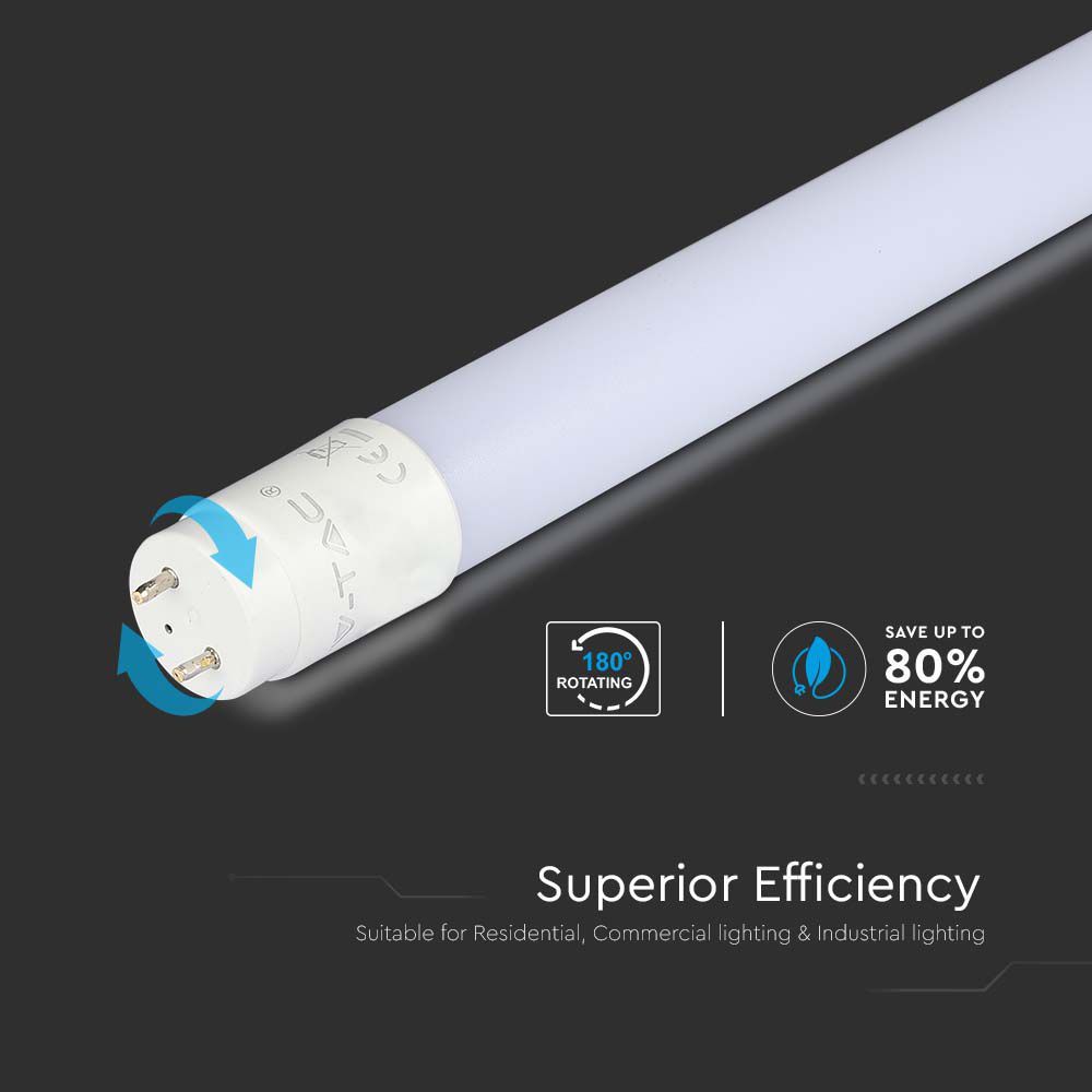 V-TAC VT-061 T8 Nano Plastic 260° Rotatable LED Tube light G13 Base With Samsung Chip Multi Wattage & Color Temperature Available