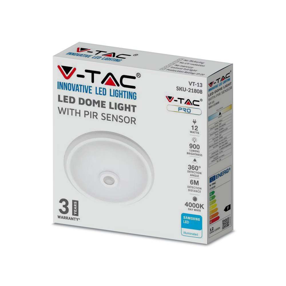 V-TAC VT-13 LED IP20 PIR Sensor Indoor Dome Light with Samsung Chip - 12W - 4000K & 6400K Options