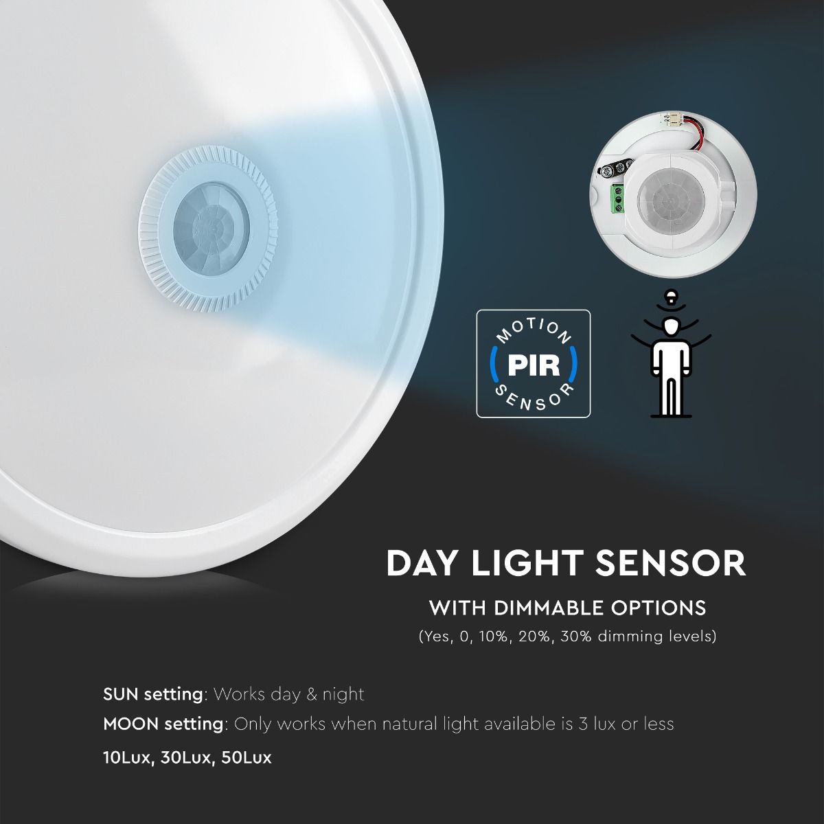 V-TAC VT-13 LED IP20 PIR Sensor Indoor Dome Light with Samsung Chip - 12W - 4000K & 6400K Options