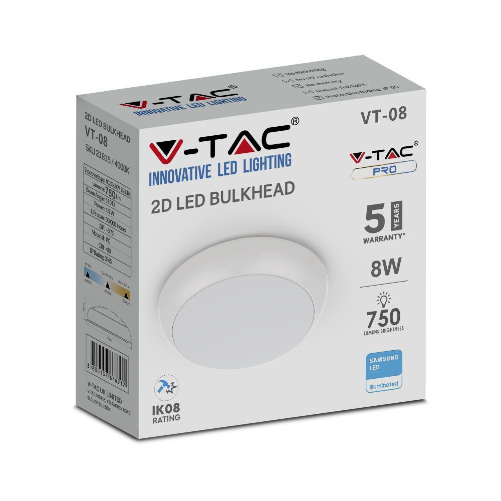 V-Tac VT Series LED Surface Mounted Bulkhead Dome Lights 4000k with Samsung Chips - With Sensor, Emergency & Multi Wattage Option