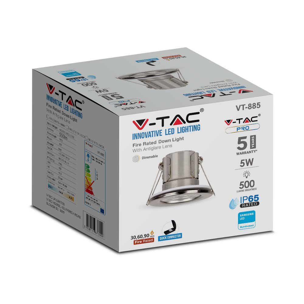 V-TAC Fire Rated Downlight VT-885 5W Dimmable LED Spotlight  IP65 with Samsung Chip – Available in Chrome, Nickel, White & Color Temperatures