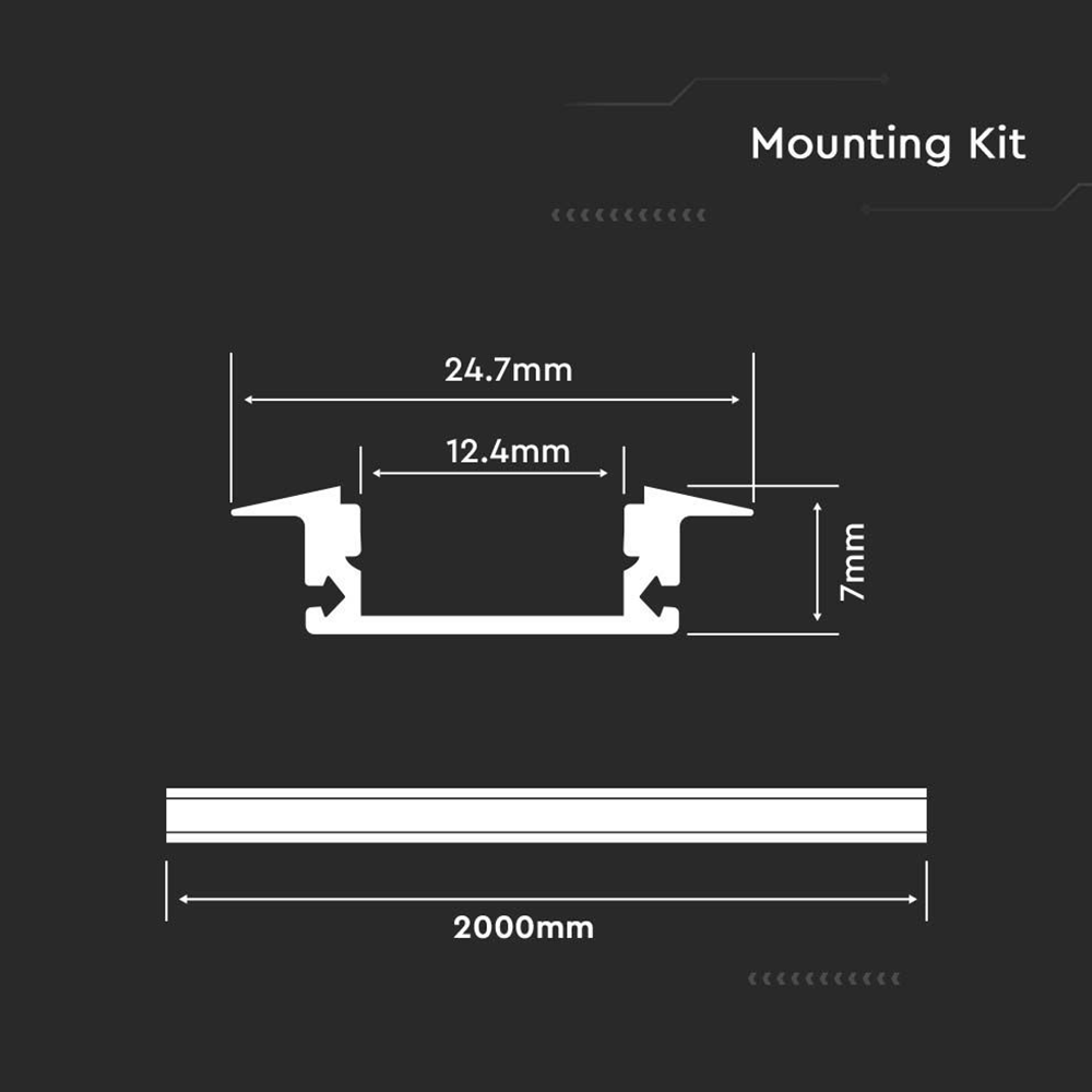 V-TAC VT-8156 2M Recessed LED Strip Tape Mounting Profile Silver Aluminum Housing Kit for Plaster Board with Diffuser - Under Cabinet Lighting