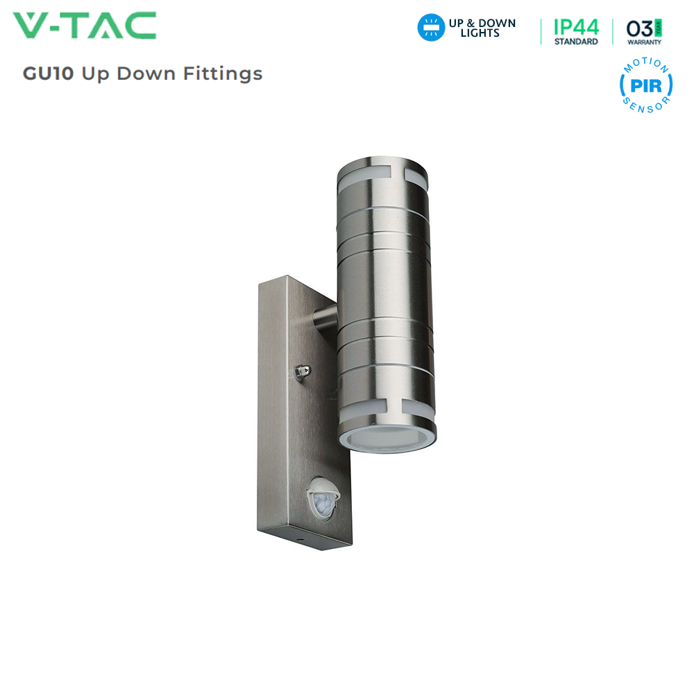 V-TAC VT-7632S IP44 PIR Motion Sensor 2-Way Up-Down Glass GU10 Wall Fitting - Stainless Steel Light