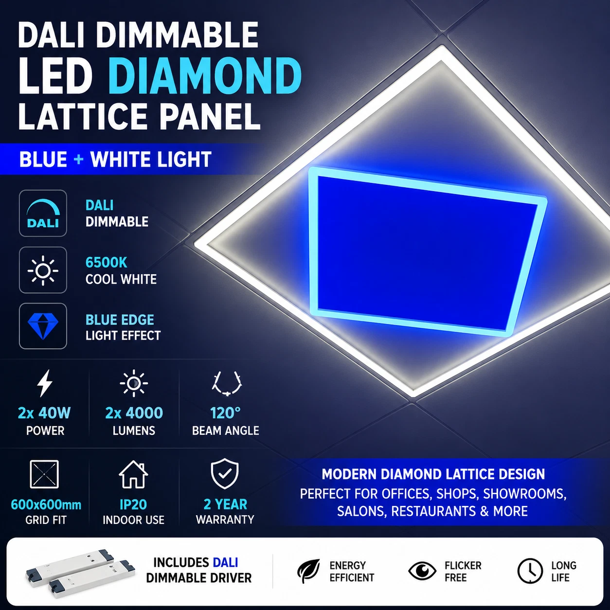 DALI Dimmable Designer 600x600 LED Ceiling Panels – Commercial Grid Lights
