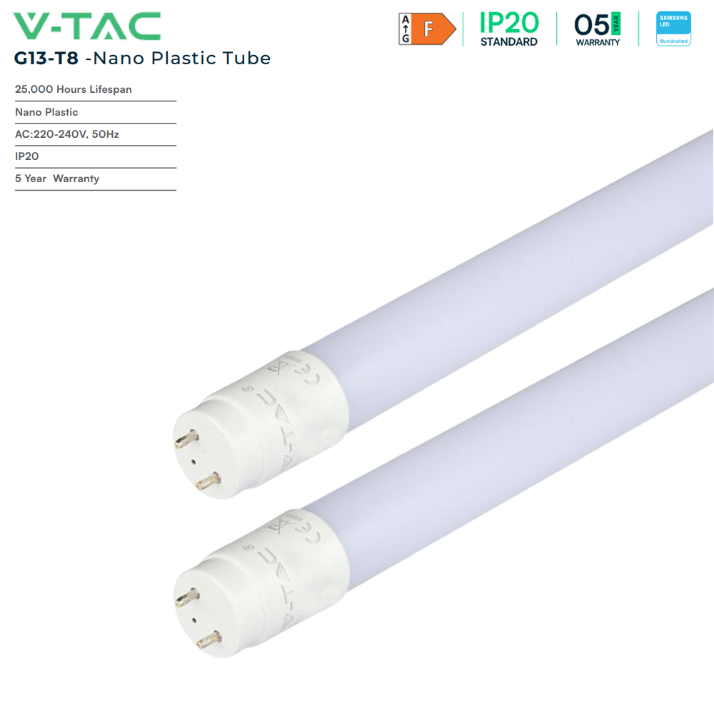 V-TAC VT-061 T8 Nano Plastic 260° Rotatable LED Tube light G13 Base With Samsung Chip Multi Wattage & Color Temperature Available