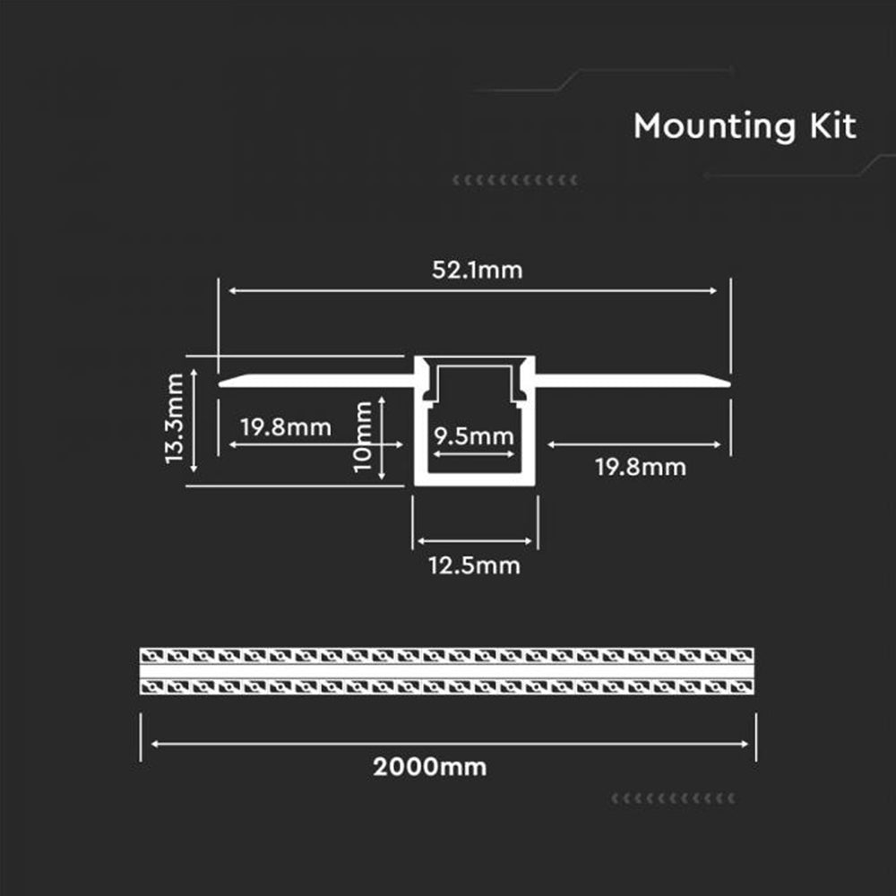 V-TAC 2M Recessed LED Strip Tape Mounting Profile Aluminium Kit - Silver - Plaster Ceiling Surface