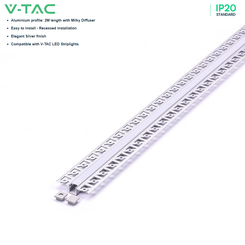 V-TAC VT-8102 2M Recessed LED Strip Tape Mounting Profile Silver Aluminum Housing Kit for Plaster Board with Diffuser - 9.5mm Inner Width - Indoor Lighting Accessory