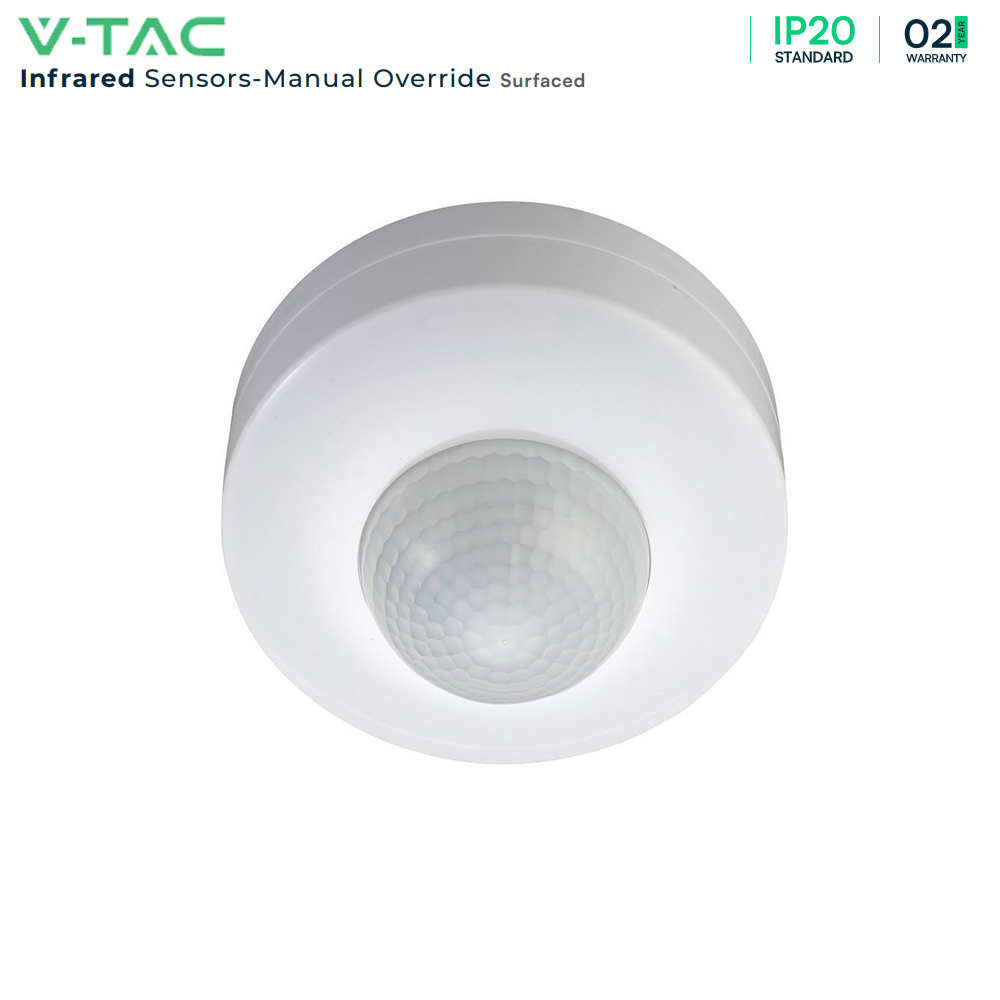 V-TAC VT-8049 360° PIR Infrared Motion Detector Surface-Mounted Indoor Sensor with Manual Override, IP20, Max 300W LED Load, Adjustable, White