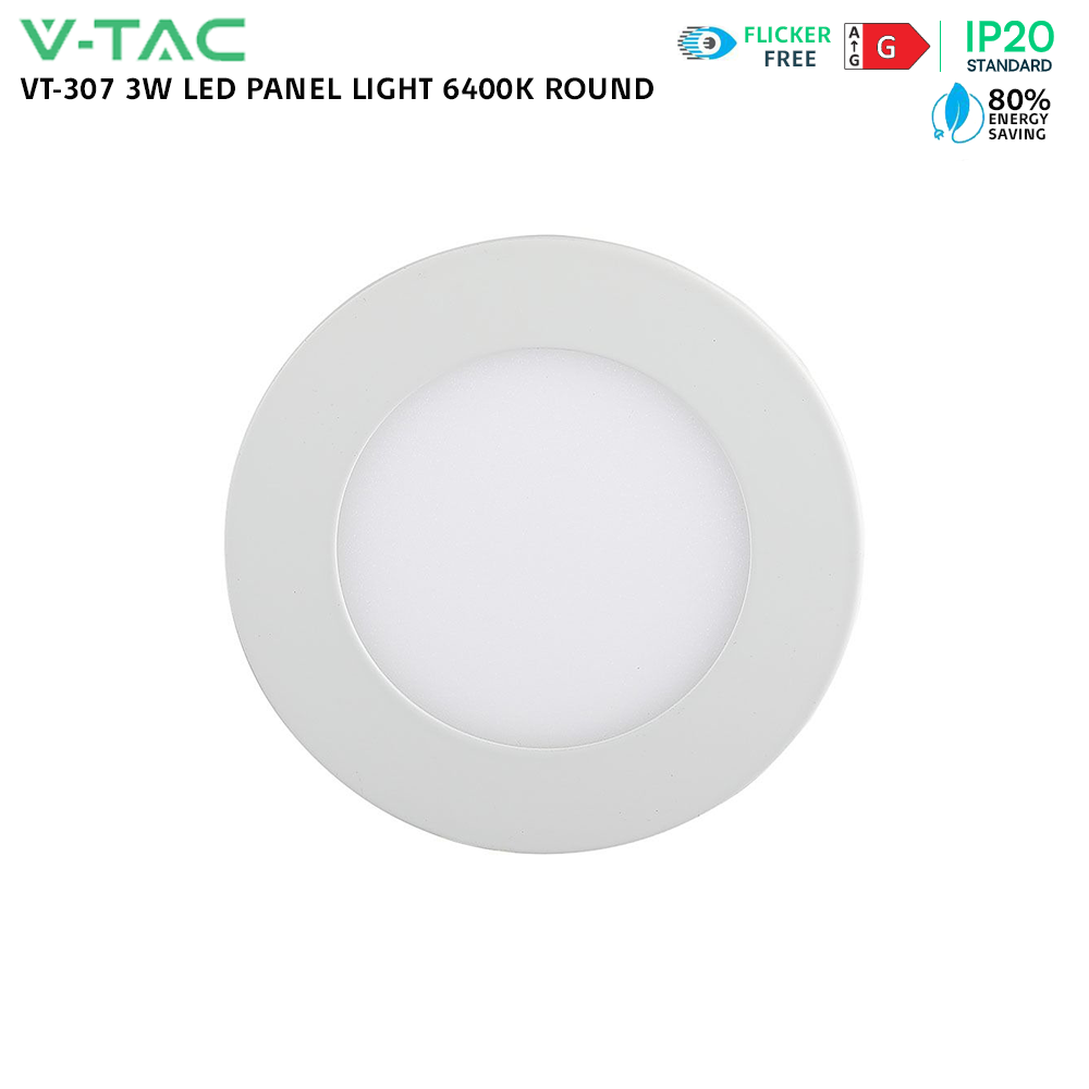 V-TAC VT-307 3W Round Recessed Flat LED Ceiling Slim Panel Spot Down Light 6400K Cool Daylight White IP20  Indoor Lighting