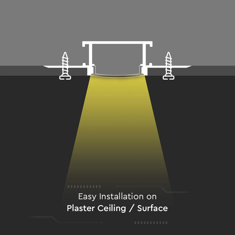 V-TAC VT-8101 2M Recessed LED Strip Tape Mounting Profile Silver Aluminum Housing Kit For Plaster Board with Diffuser- 20.7mm Inner Width