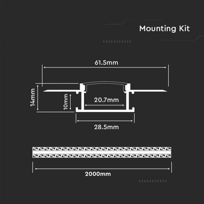2m Plaster‑In LED Aluminium Channel (9mm & 20mm) – Milky Diffuser, Recessed Trimless Profile, Silver – VT‑8101 / VT‑8102