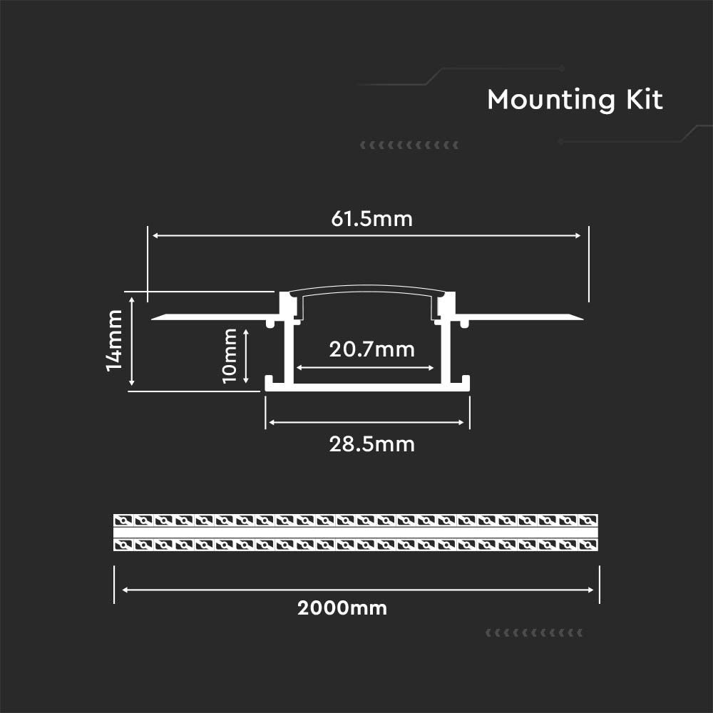 V-TAC VT-8101 2M Recessed LED Strip Tape Mounting Profile Silver Aluminum Housing Kit For Plaster Board with Diffuser- 20.7mm Inner Width