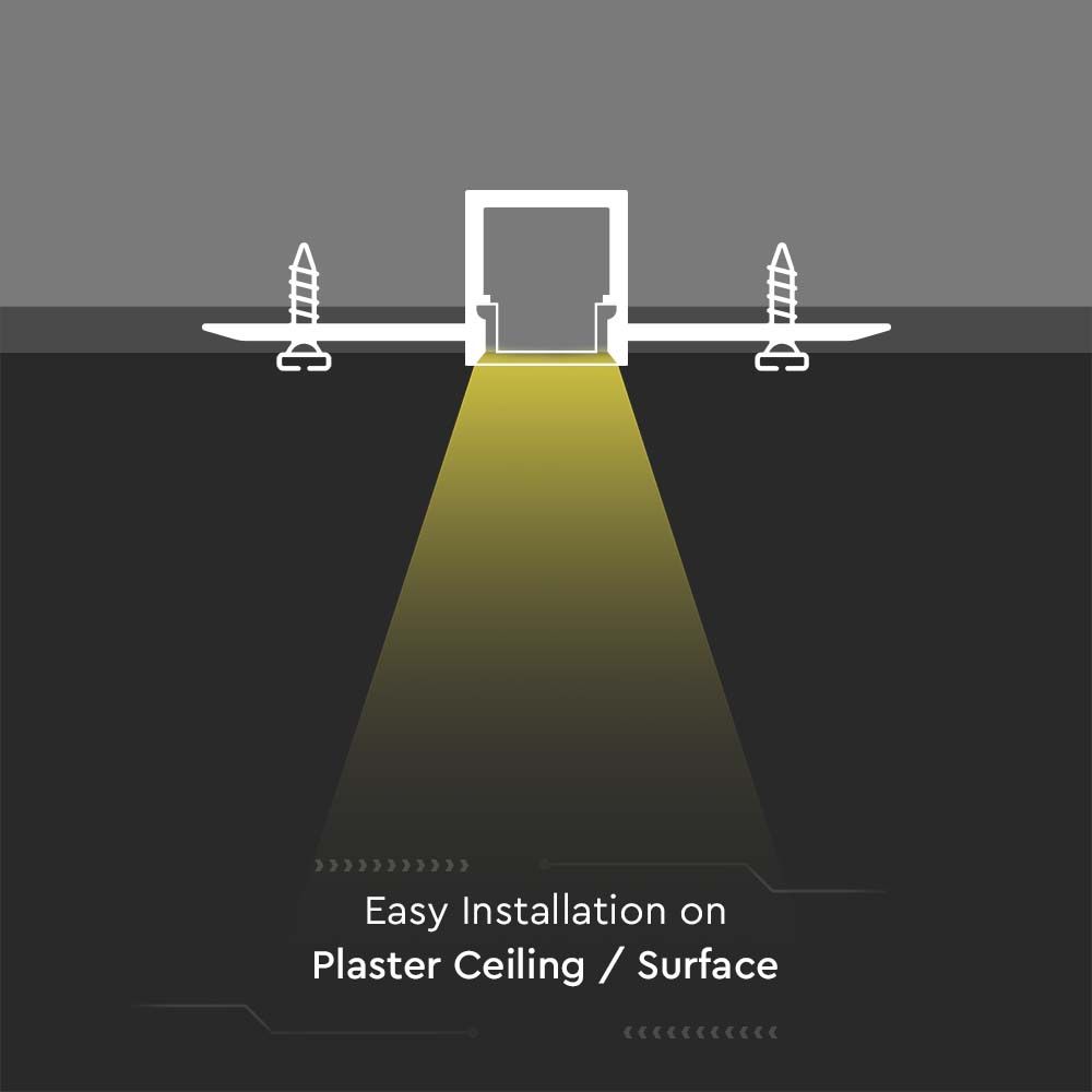 V-TAC VT-8102 2M Recessed LED Strip Tape Mounting Profile Silver Aluminum Housing Kit for Plaster Board with Diffuser - 9.5mm Inner Width - Indoor Lighting Accessory