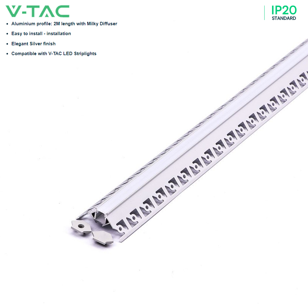 V-TAC VT-8102 2M Recessed LED Strip Tape Mounting Profile Silver Aluminum Housing Kit for Plaster Board with Diffuser - Indoor Lighting Accessory