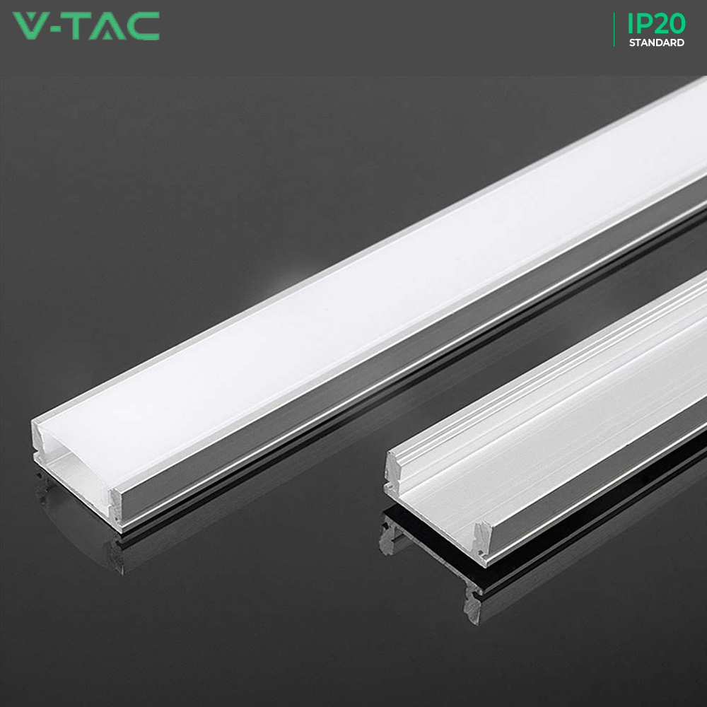 V-TAC VT-8157 2M Recessed LED Strip Tape Mounting Profile Silver Aluminum Housing Kit with Diffuser - 12.4mm Inner Width - Under Cabinet & Accent Lighting