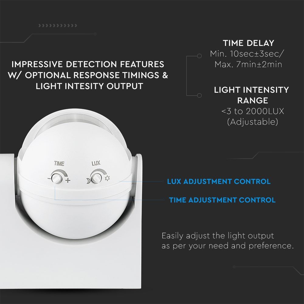 V-TAC VT-8003 180° PIR Motion Surface Mounted Detector Sensor, Waterproof IP44, 300W LED load, Adjustable, Indoor/Outdoor Black & White Options