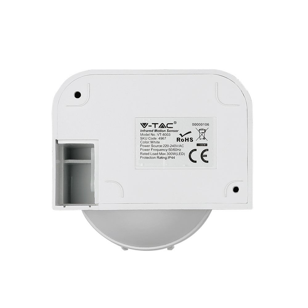 V-TAC VT-8003 180° PIR Motion Surface Mounted Detector Sensor, Waterproof IP44, 300W LED load, Adjustable, Indoor/Outdoor Black & White Options