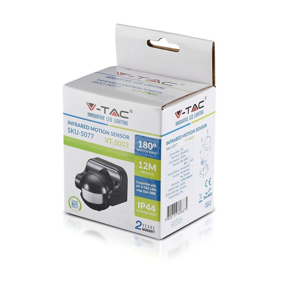 V-TAC VT-8003 180° PIR Motion Surface Mounted Detector Sensor, Waterproof IP44, 300W LED load, Adjustable, Indoor/Outdoor Black & White Options