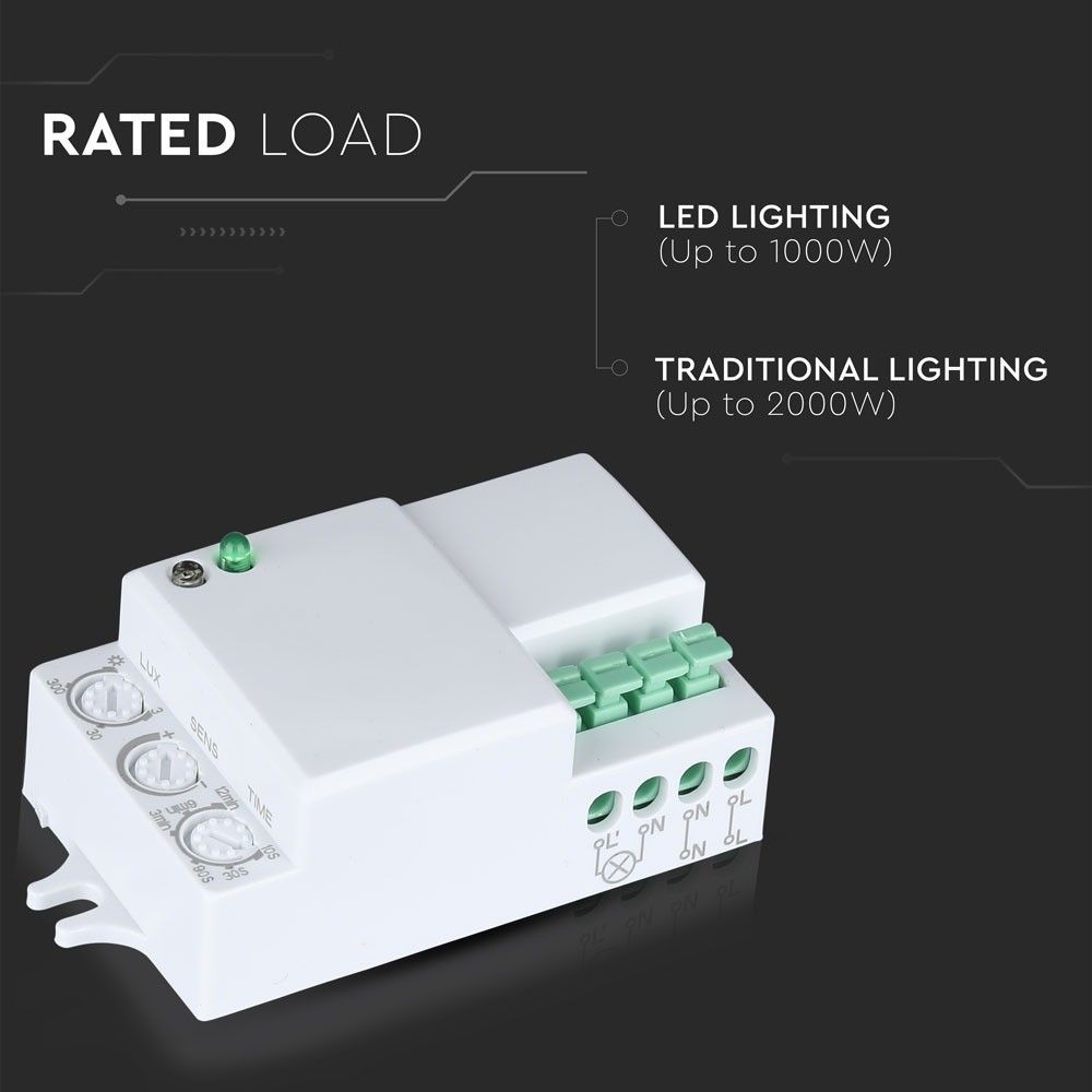 V-TAC VT-8018 PIR Infrared Microwave Motion Sensor Detector Auto Switch, 300W LED Load, IP20 Adjustable Indoor, Reliable Lighting Control