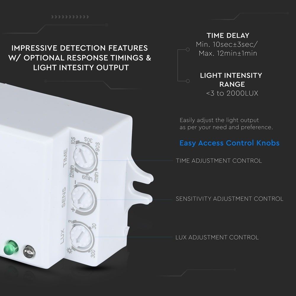 V-TAC VT-8018 PIR Infrared Microwave Motion Sensor Detector Auto Switch, 300W LED Load, IP20 Adjustable Indoor, Reliable Lighting Control