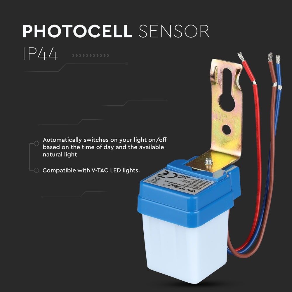 V-TAC VT-8019 360° Automatic Photo Cell Sensor - IP44 Waterproof Outdoor Lighting Controller - Adjustable Detection Indoor/Outdoor