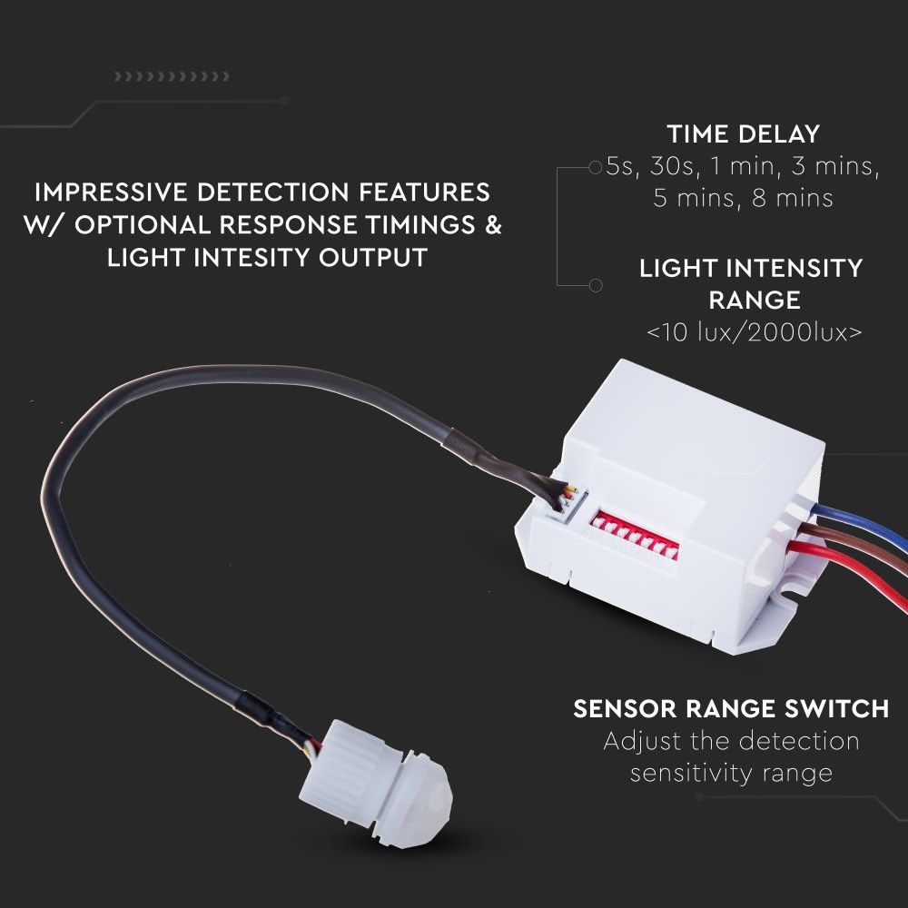 V-TAC VT-8022 PIR Infrared Motion Detector Sensor IP65 Waterproof 400W LED Load, Adjustable Time Delay Indoor/Outdoor 6m Detection Range