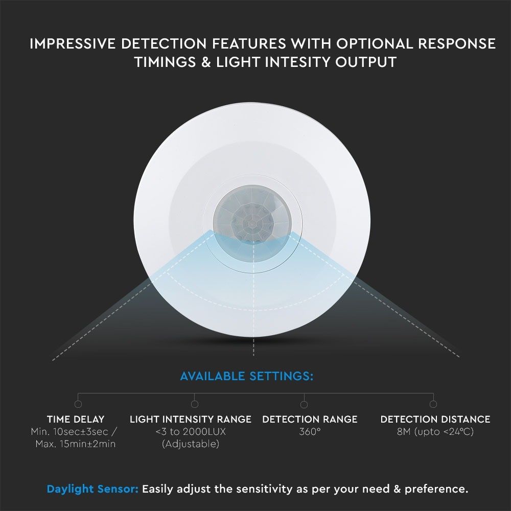 V-TAC VT-8027 180° PIR Infrared Adjustable Motion Detector Surface Mounted Ceiling Sensor, 1000W LED load IP20 Indoor/Outdoor, Black & White Options