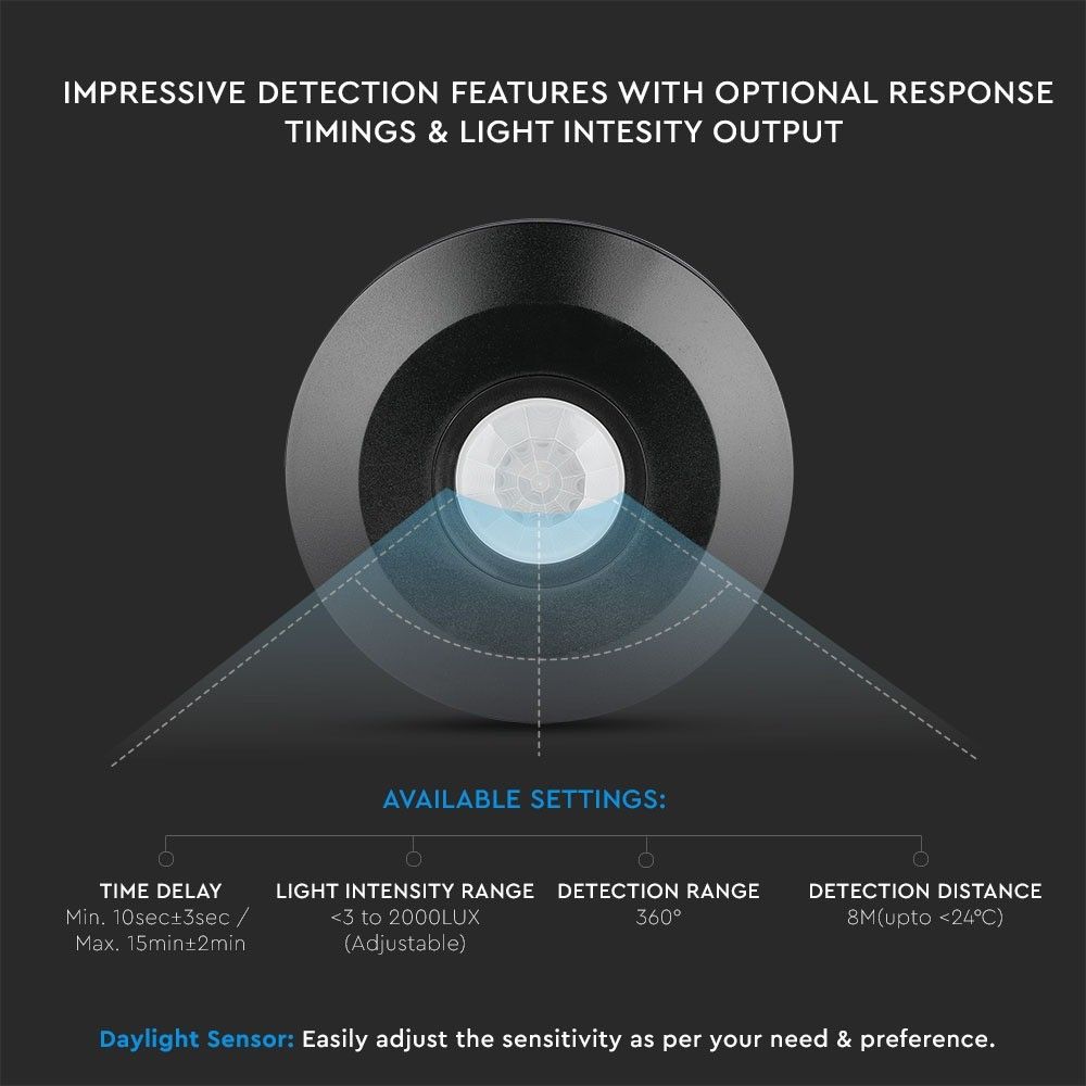 V-TAC VT-8027 180° PIR Infrared Adjustable Motion Detector Surface Mounted Ceiling Sensor, 1000W LED load IP20 Indoor/Outdoor, Black & White Options