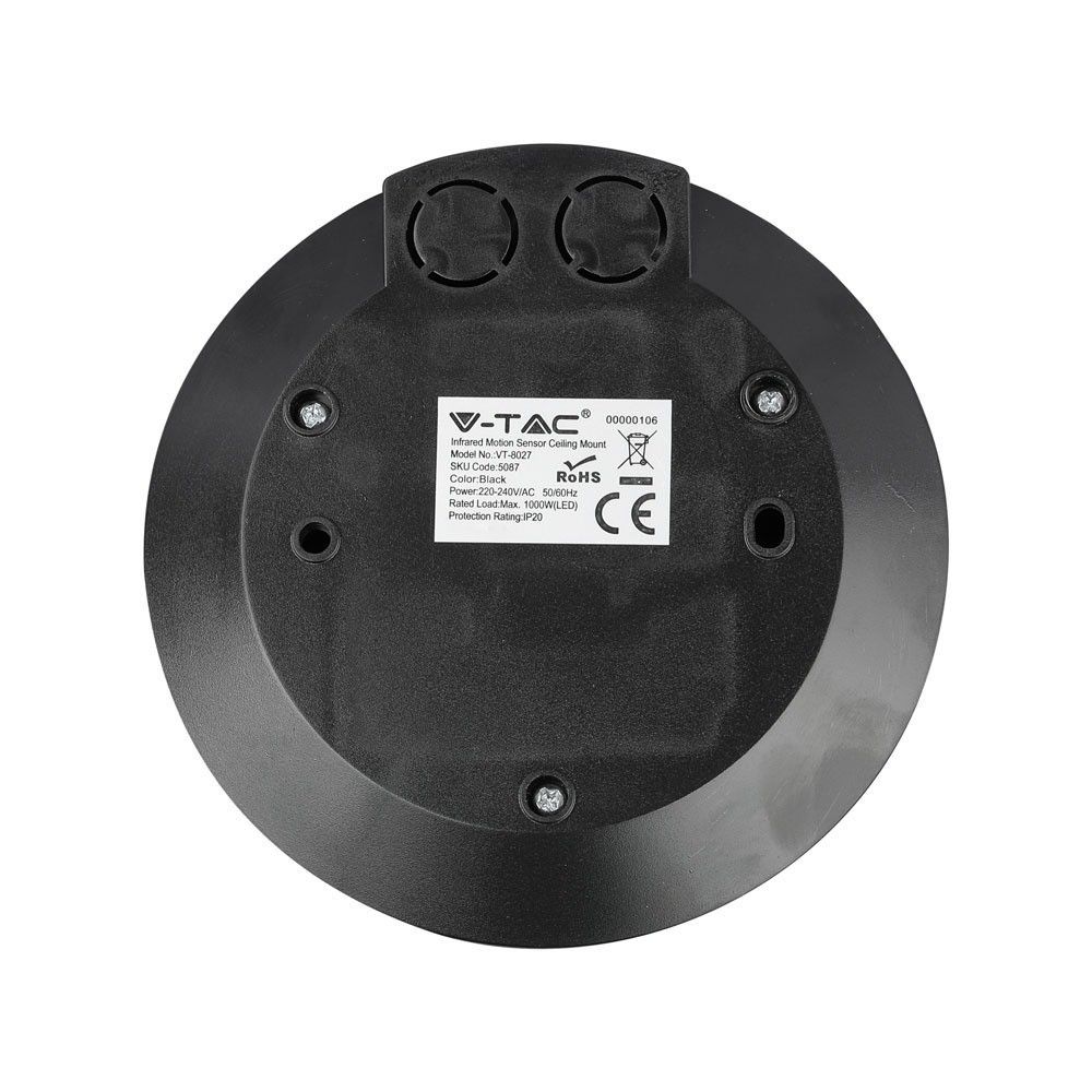 V-TAC VT-8027 180° PIR Infrared Adjustable Motion Detector Surface Mounted Ceiling Sensor, 1000W LED load IP20 Indoor/Outdoor, Black & White Options