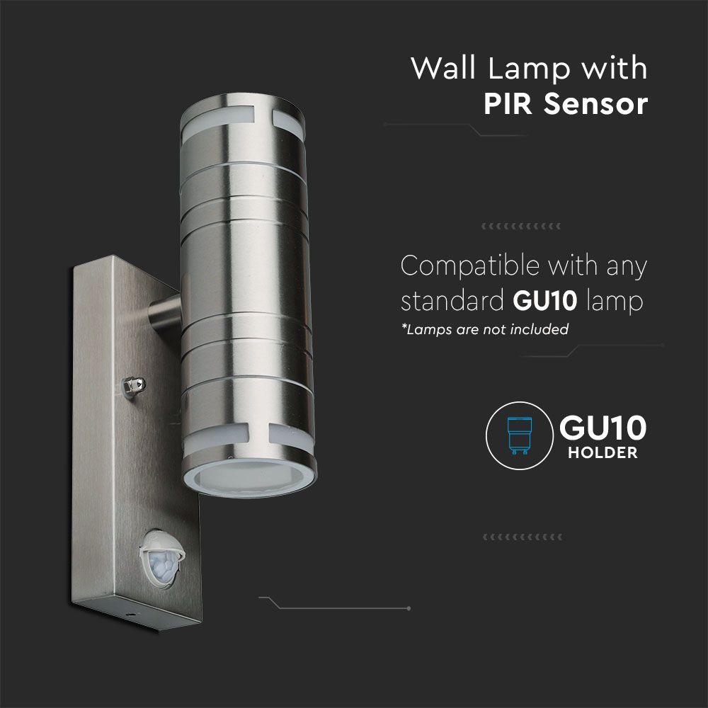 V-TAC VT-7632S IP44 PIR Motion Sensor 2-Way Up-Down Glass GU10 Wall Fitting - Stainless Steel Light