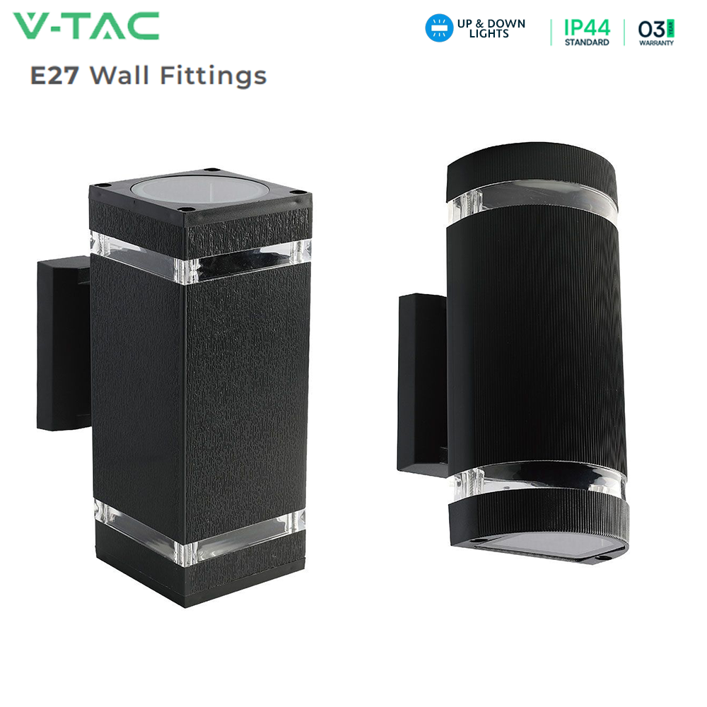 V-TAC IP44 Modern Up-Down E27 LED Wall Light - Black Body, Square/Round