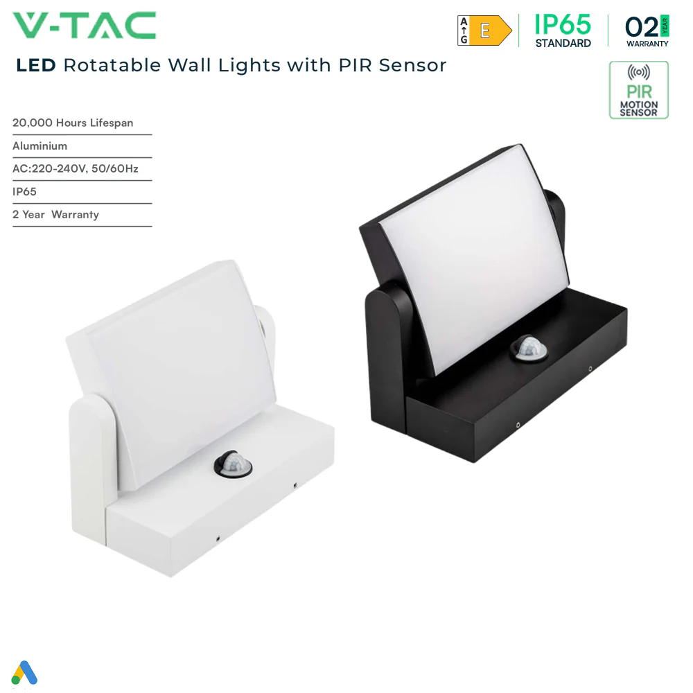 V-TAC VT-11020S  Rotatable Wall Lights With PIR Motion Sensor IP65 Outdoor 17W LED Wall Light - Waterproof, 3000K/4000K, Black/White Body