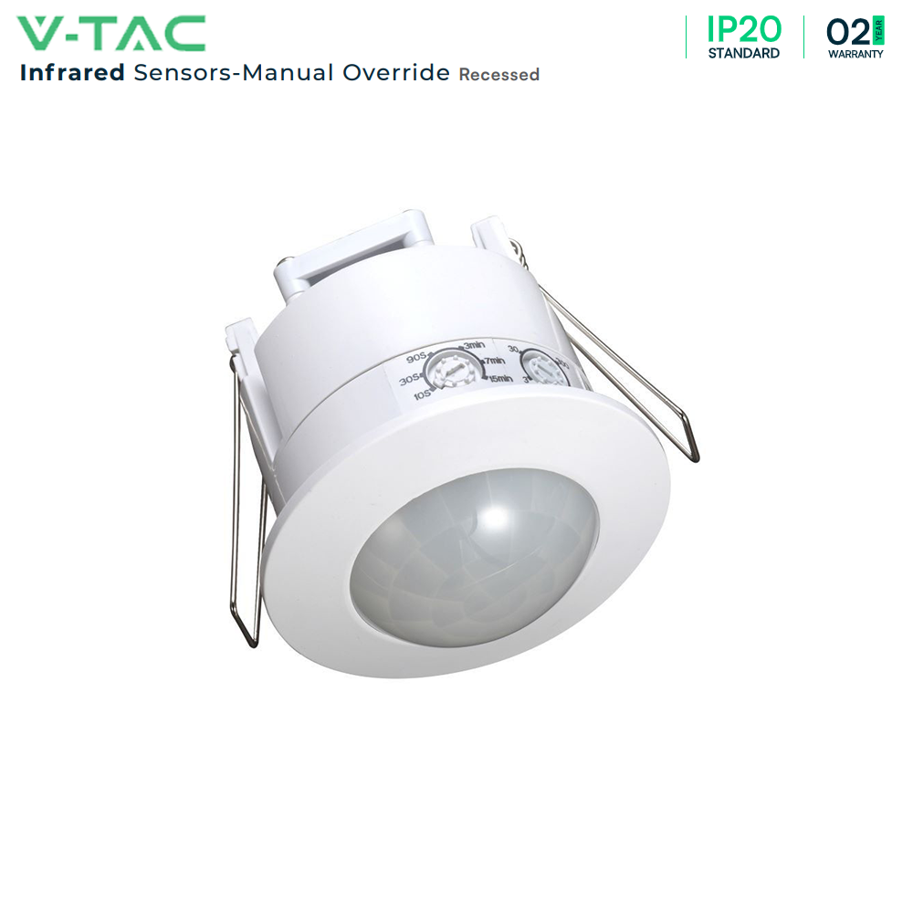 V-TAC VT-8051 360° PIR Infrared Recessed Motion Detector Ceiling Sensor, Adjustable with Manual Override, Max 300W LED load IP20 Indoor, White