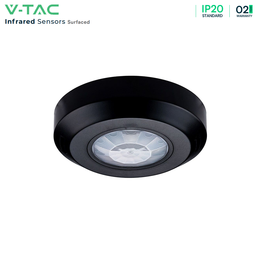 V-TAC VT-8091 360° PIR Infrared Motion Detector Surface-Mounted Ceiling Sensor with Black Body,200W LED Load IP20 Indoor