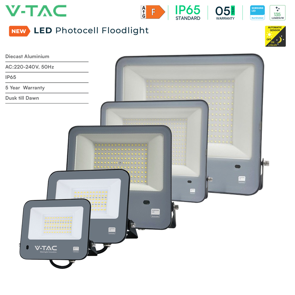 V-TAC VT-44032 Photocell Sensor Floodlight – IP65 Waterproof Outdoor LED with Samsung Chip, 1m Wire, Multiple Wattage & Colour Temperature Options, Black Body