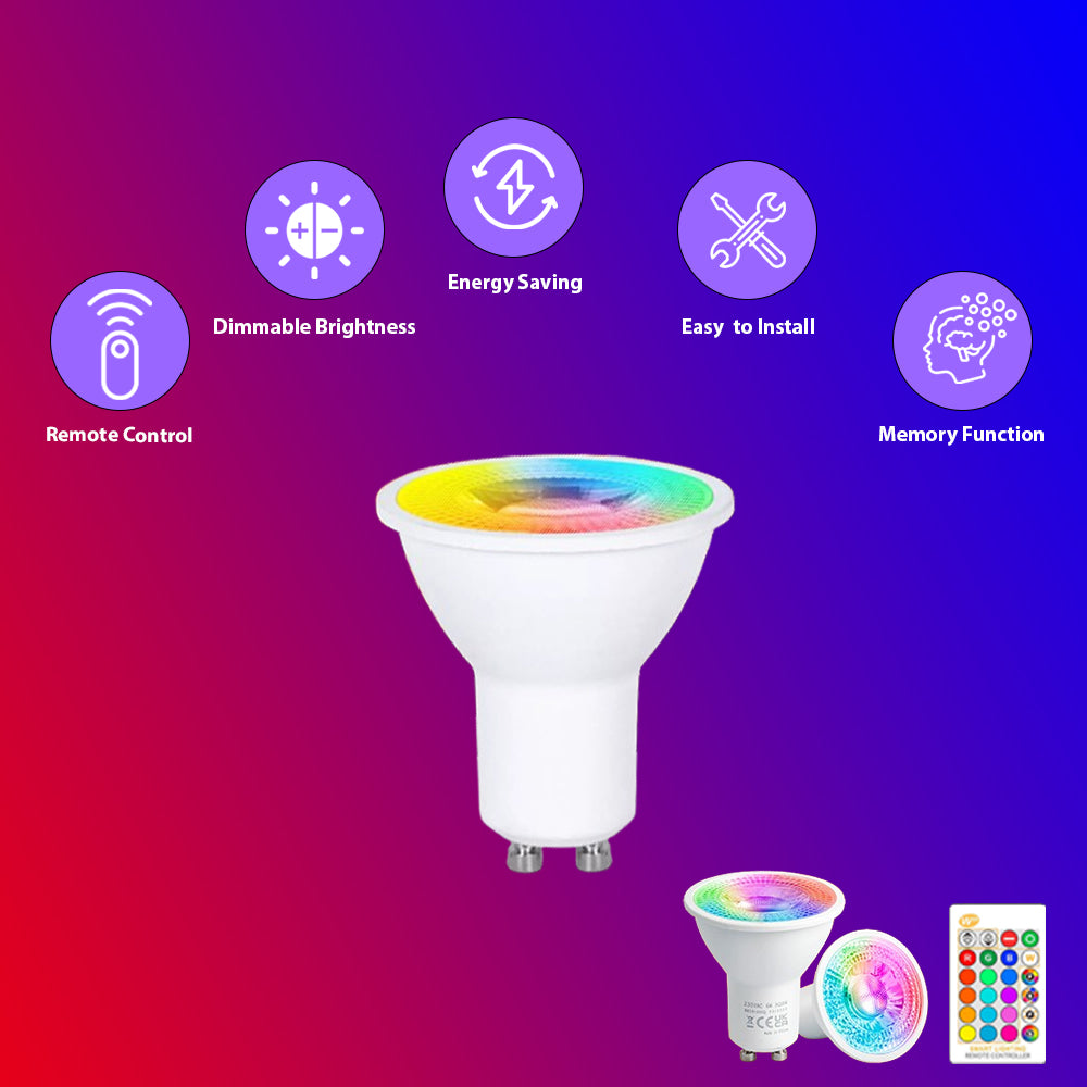 5W RGB GU10 Colour Changing Remote Control  LED Light Bulb Dimmable Mood Lighting  Energy Efficient