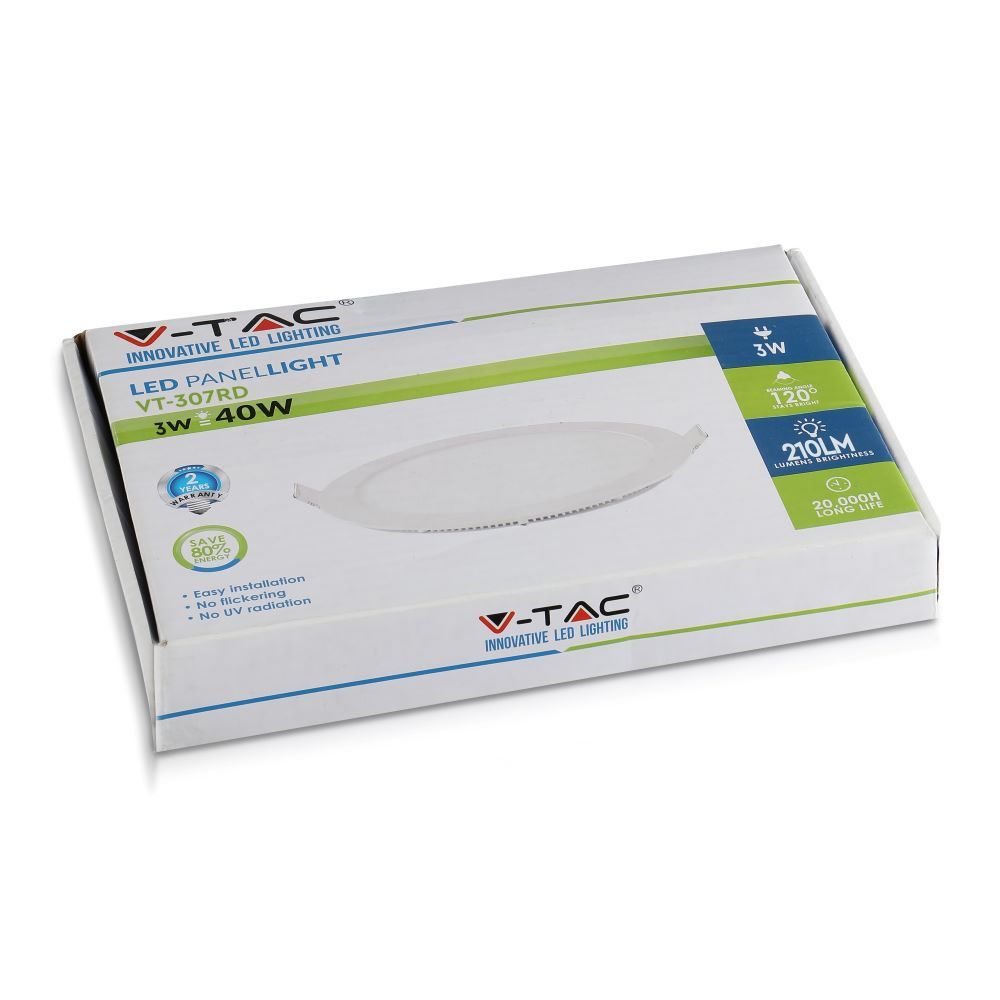 V-TAC VT-307 3W Round Recessed Flat LED Ceiling Slim Panel Spot Down Light 6400K Cool Daylight White IP20  Indoor Lighting